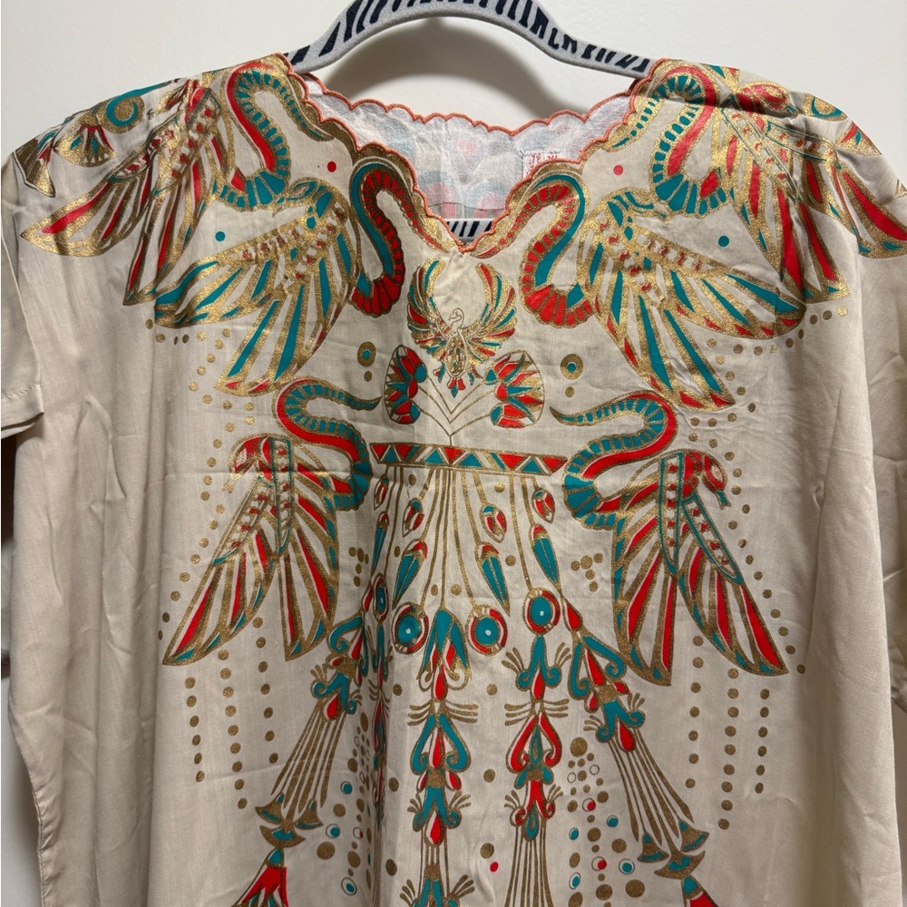 Embroidered Boho Tunic in Cream with Turquoise & Red Accents linen made in Egypt